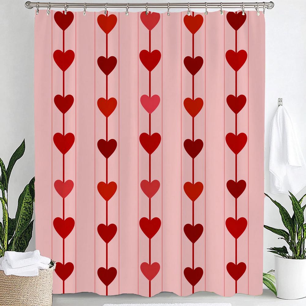 1Pc Romantic Pink Love Print Waterproof Shower Partition Privacy Hanging Curtain With 12 Hooks Multiple Size Machine Washable