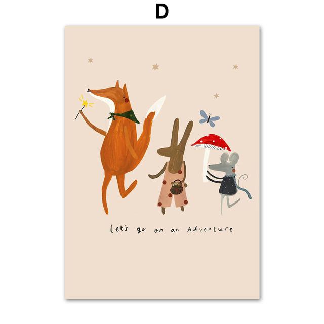 Dog Goose Rabbit Bear Fox Mouse Wildflower Cartoon Poster Wall Art Canvas Painting And Prints Wall Pictures Baby Kids Room Decor (with frame)
