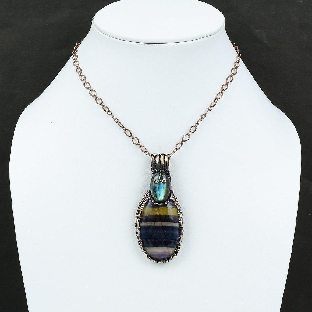 Multi Fluorite Copper Pendant Wire Wrapped Pendant Natural Gemstone Jewelry Labradorite Pendant Copper Jewelry Handmade Pendant Gift For Her