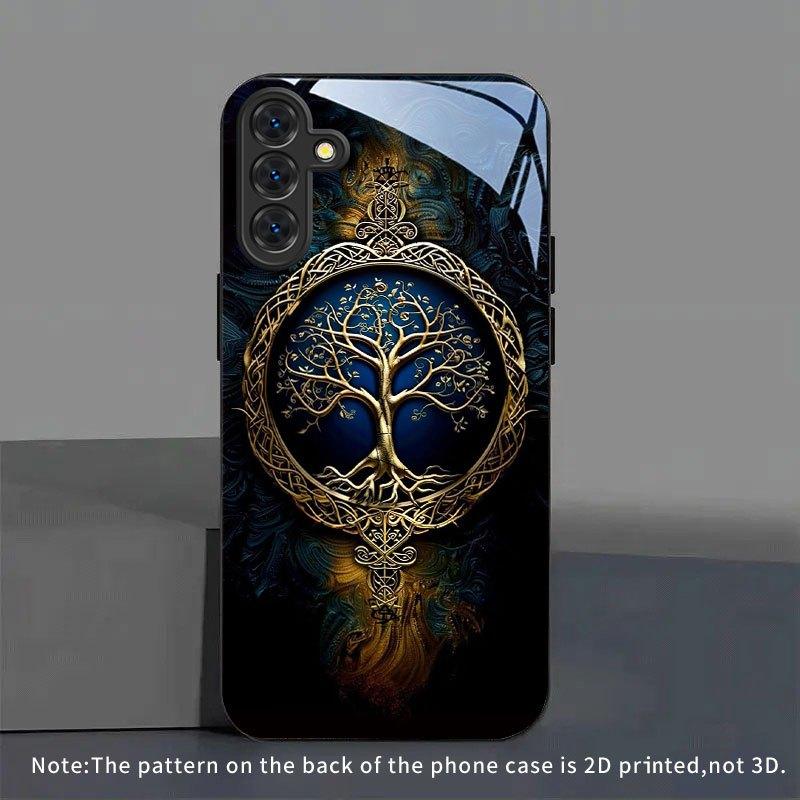 Blue Gold Life Tree Pattern Tempered Glass Phone Case Suitable for Samsung Galaxy S26 S25 S24 S22 S21 S20FE/Ultra/Plus Anti Drop