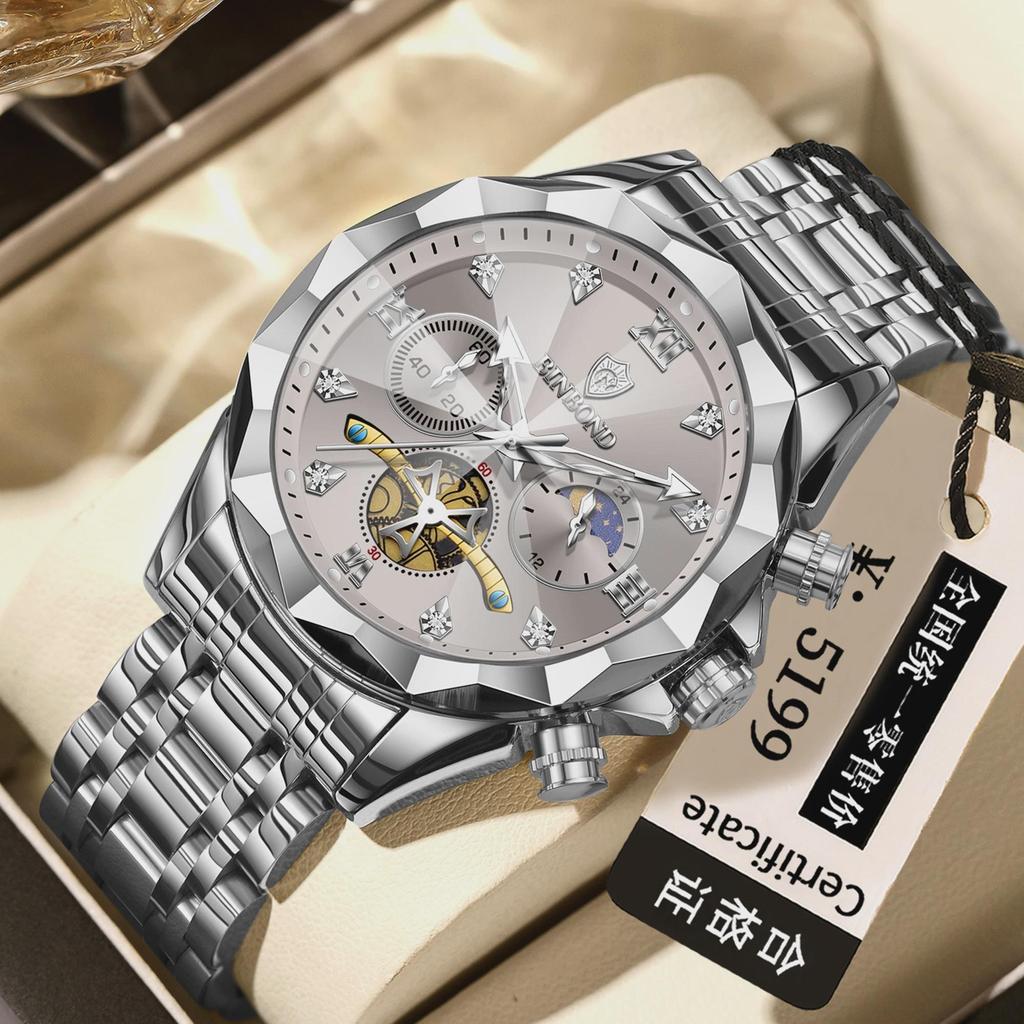 BINBOND Luxury Men Watch Top Original Waterproof Luminous Chronograph Man Wristwatch Stainless Steel Quartz Watches