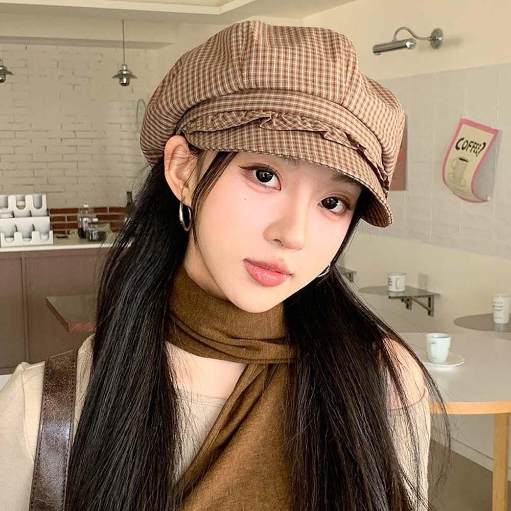 Korean Style Fine Plaid Beret Solid Color Spring Painter Cap Versatile Ruffle Octagonal Hat  Work