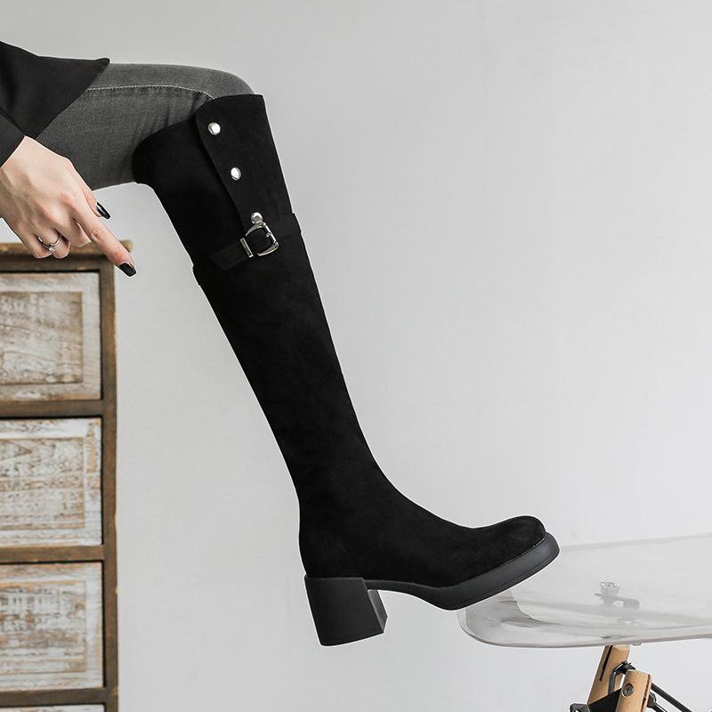 

Узкие ботфорты для женщин, новые зимние кашемировые длинные сапоги, толстый и высокий каблук, и тонкие ботфорты для двоих. 39