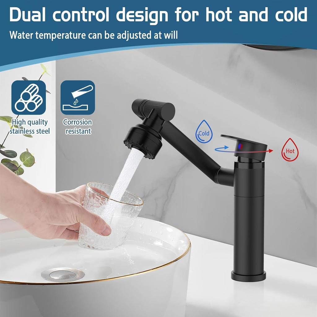 Bathroom faucet, 1080° rotatable bathroom fittings with 2 G3/8 hoses, sink faucet with 2 water outlet modes, hot cold mixer battery for bathroom kitch