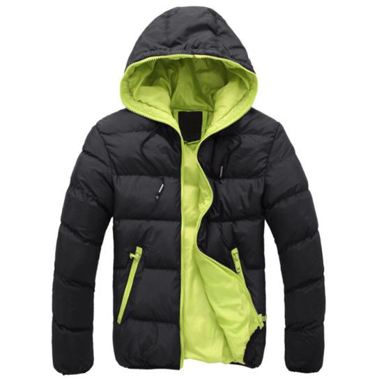Autumn Winter Men Color Block Zipper Warm Cotton Coat Casual Hooded Down Jacket