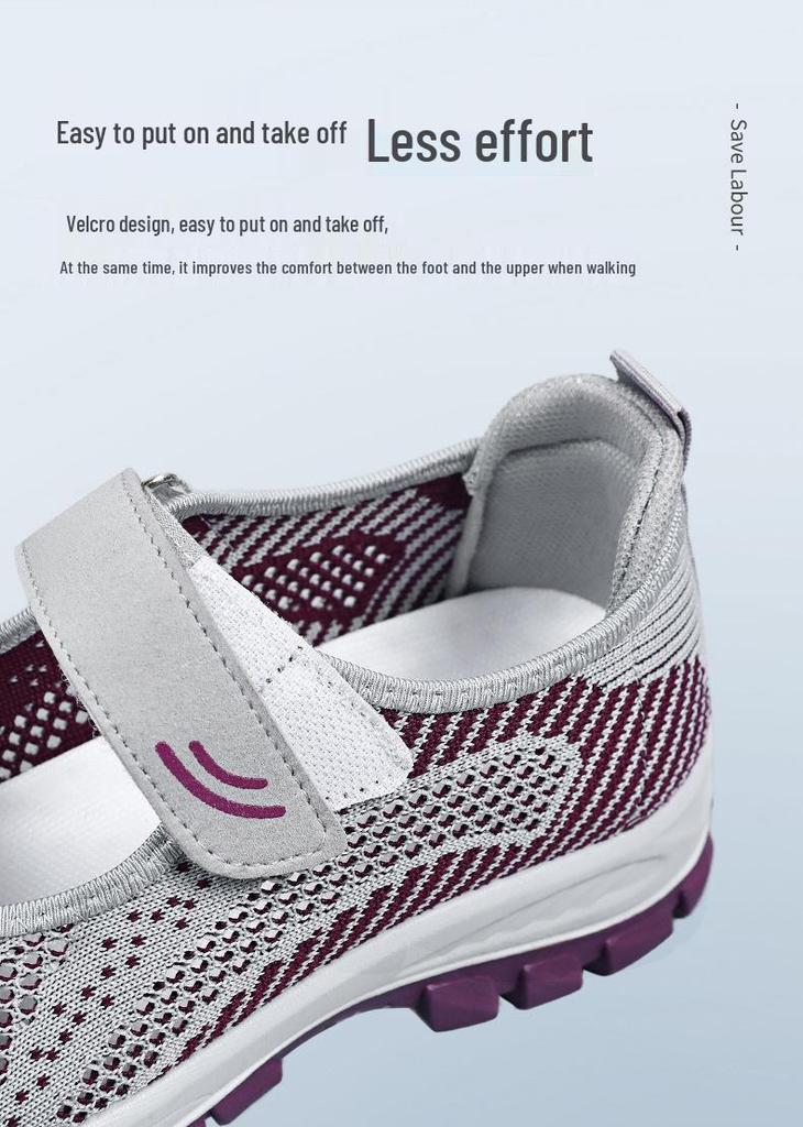 Sapatos de Caminhada Respiráveis de Malha Flyknit com Velcro para Mulheres de Meia-idade e Idosas