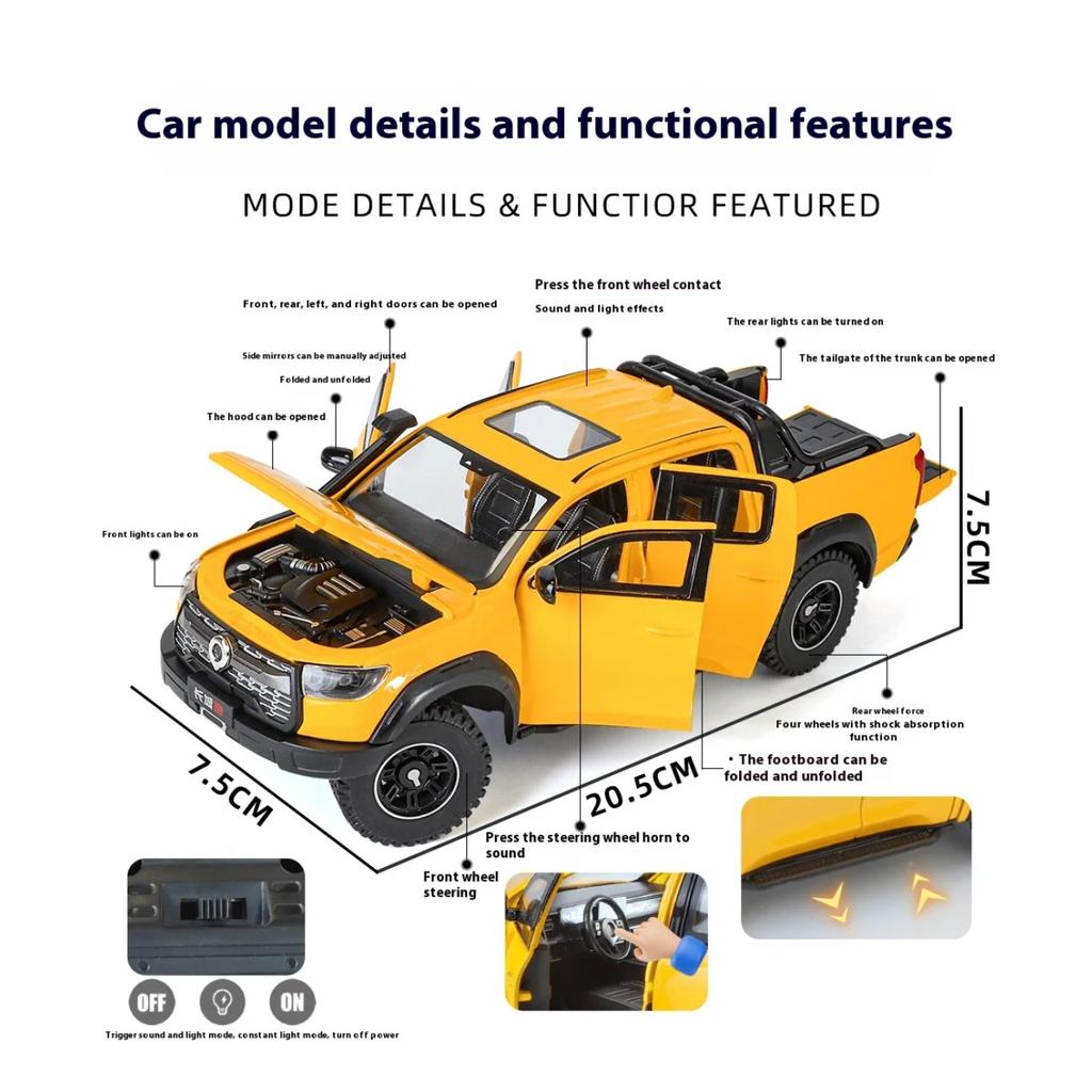 1/24 Alloy Die-cast Great Wall Cannon Pickup Truck Model Simulation Sound and Light Pull Off Road Vehicle Toy Collection Ornaments for Boys Gifts