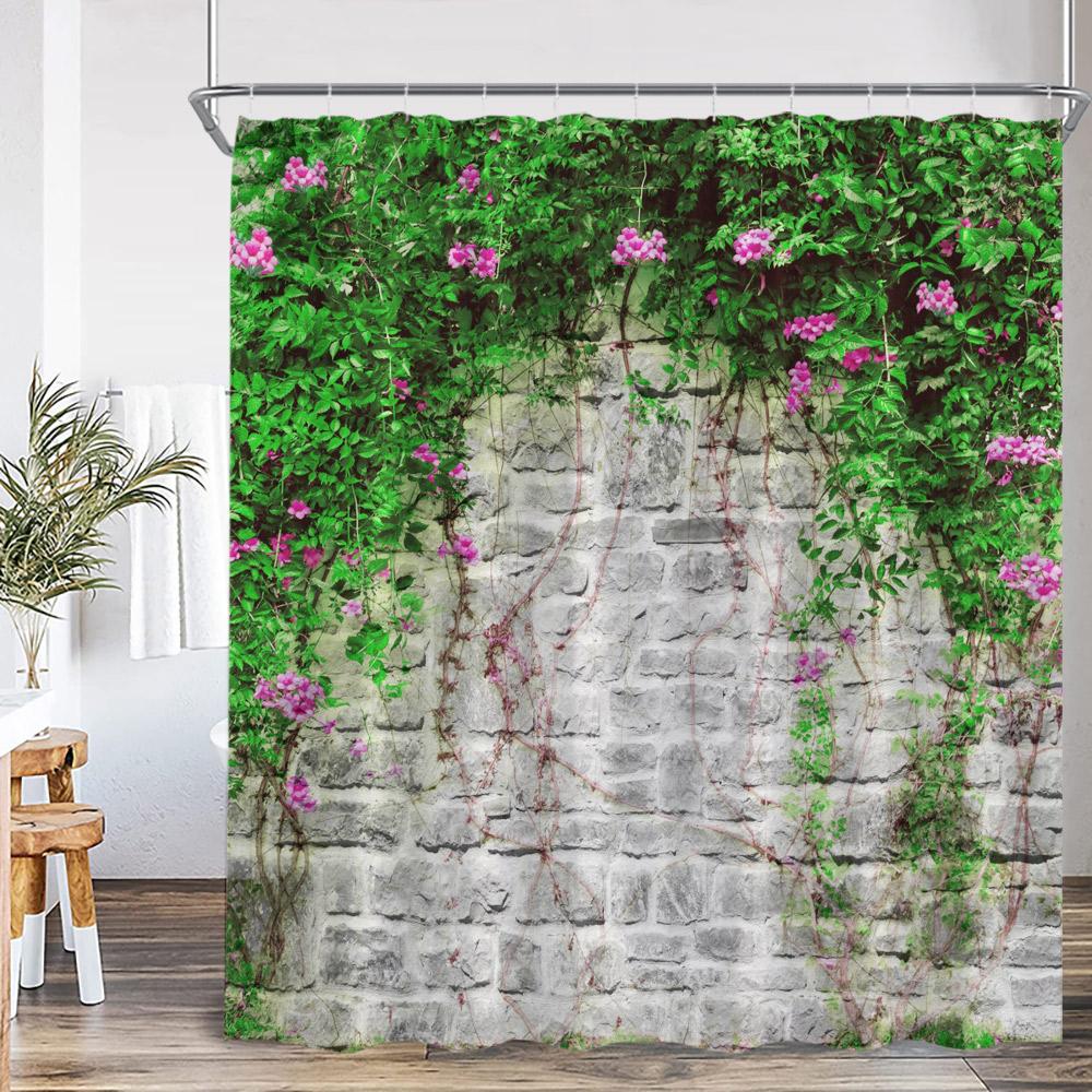 Green Vines Brick Wall Shower Curtain Pink Flowers European Garden Arch Door Bathroom Decorations Vintage Bath Curtain with Hook