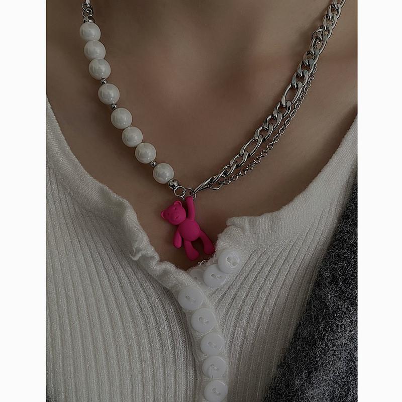 Pink Bear Pendant Necklace For Women Girls Cute Animal Jewelry With Pearl Chain