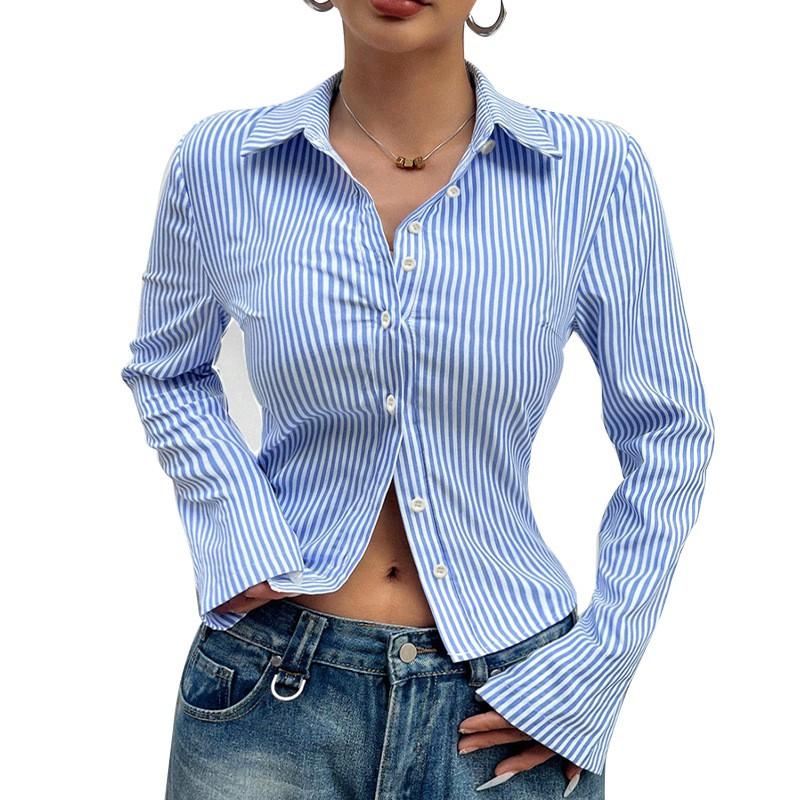 Womens Striped Button-Down Shirt Slim Fit Long Sleeve Office Blouse Fall