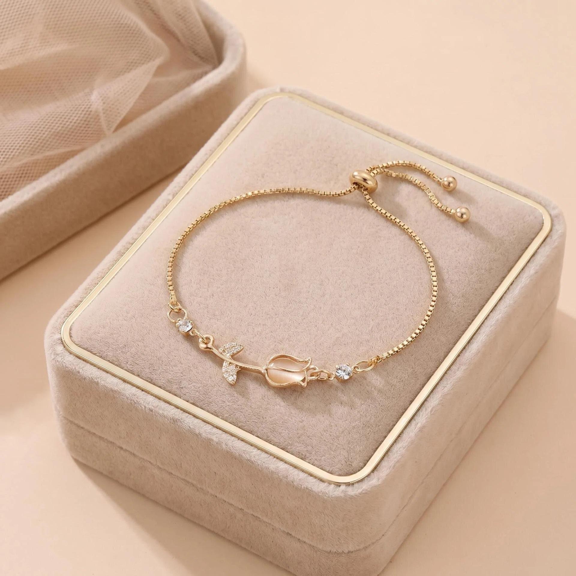 Chic Rhinestone Flower Bracelet for Women - Elegant Tulip Hand Jewelry