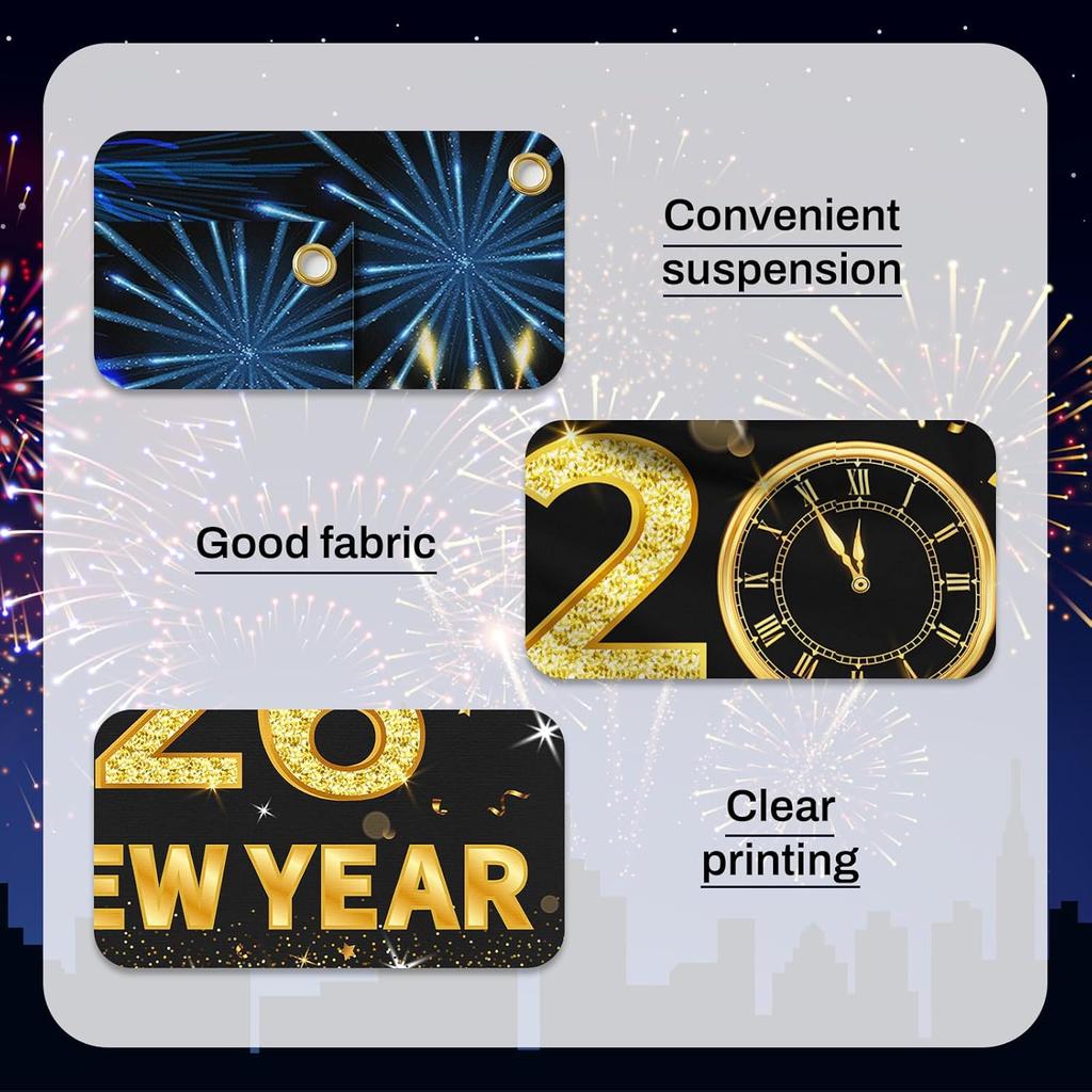 2026 Happy New Year Banner, 72x44 Inches - Golden Fabric New Year Backdrop for New Year's Eve Celebration