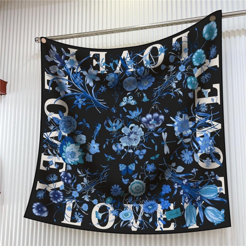 Silk Scarf Women Floral Printed Square Scarves Head Echarpes Silk Foulards Femme Wraps Beach Shawls Bandana Lady Hijabs 90CM