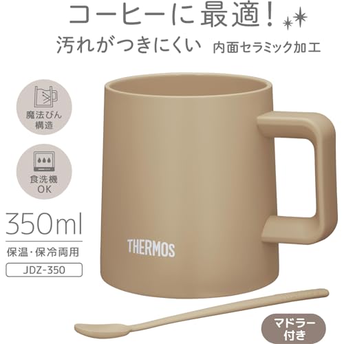 Thermos Vacuum Insulated Mug, 350ml, Perfect for Cafe Latte, Dishwasher Safe, Stain-Resistant Ceramic Interior, Coffee Cup with Stirrer, JDZ-350 CL