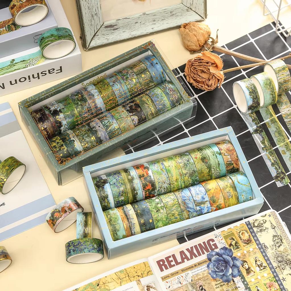20 Rolls Vintage Gold Foil Washi Tape Set, Oil Painting Style Scrapbooking Paper, Stationery, DIY Gift Decoration Craft Supplies