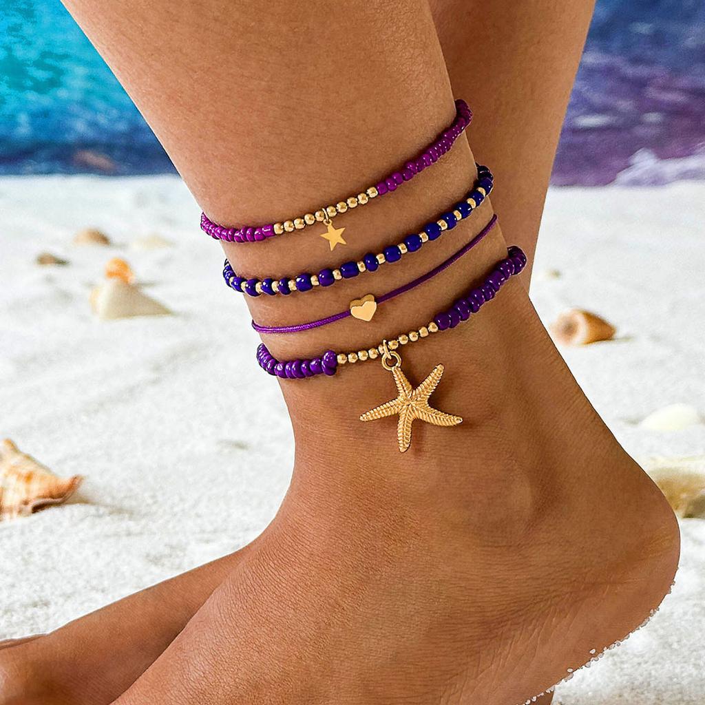 Bohemian Starfish Shell Colored Rice Bead Anklet Set, Beach Wind Starfish Beaded Feet Decoration Women