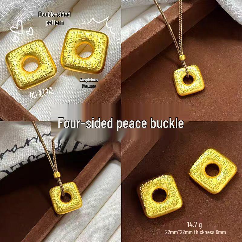 Кулон-пряжка «Мир» семьи Чжоу: Древний золотой песочный дизайн с благоприятными символами на плетёном шнуре для цепочек на свитер.
