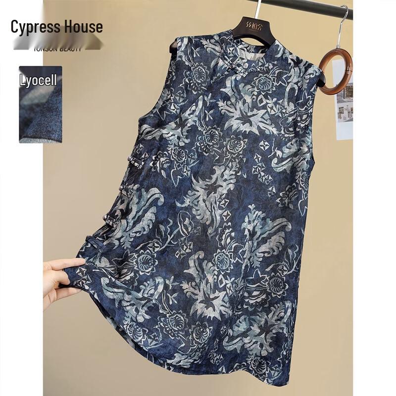Women s Retro Lyocell Linen Sleeveless Floral Shirt XXL