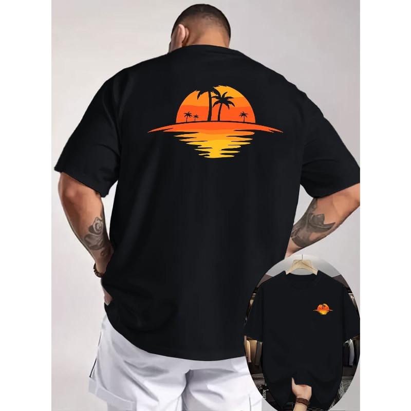 European Size Orange-Toned Island Coconut Tree T-Shirt,Featuring Gradient Sunset and Island Coconut Tree Front-back Prints,Vintage Casual Style Design S чёрный