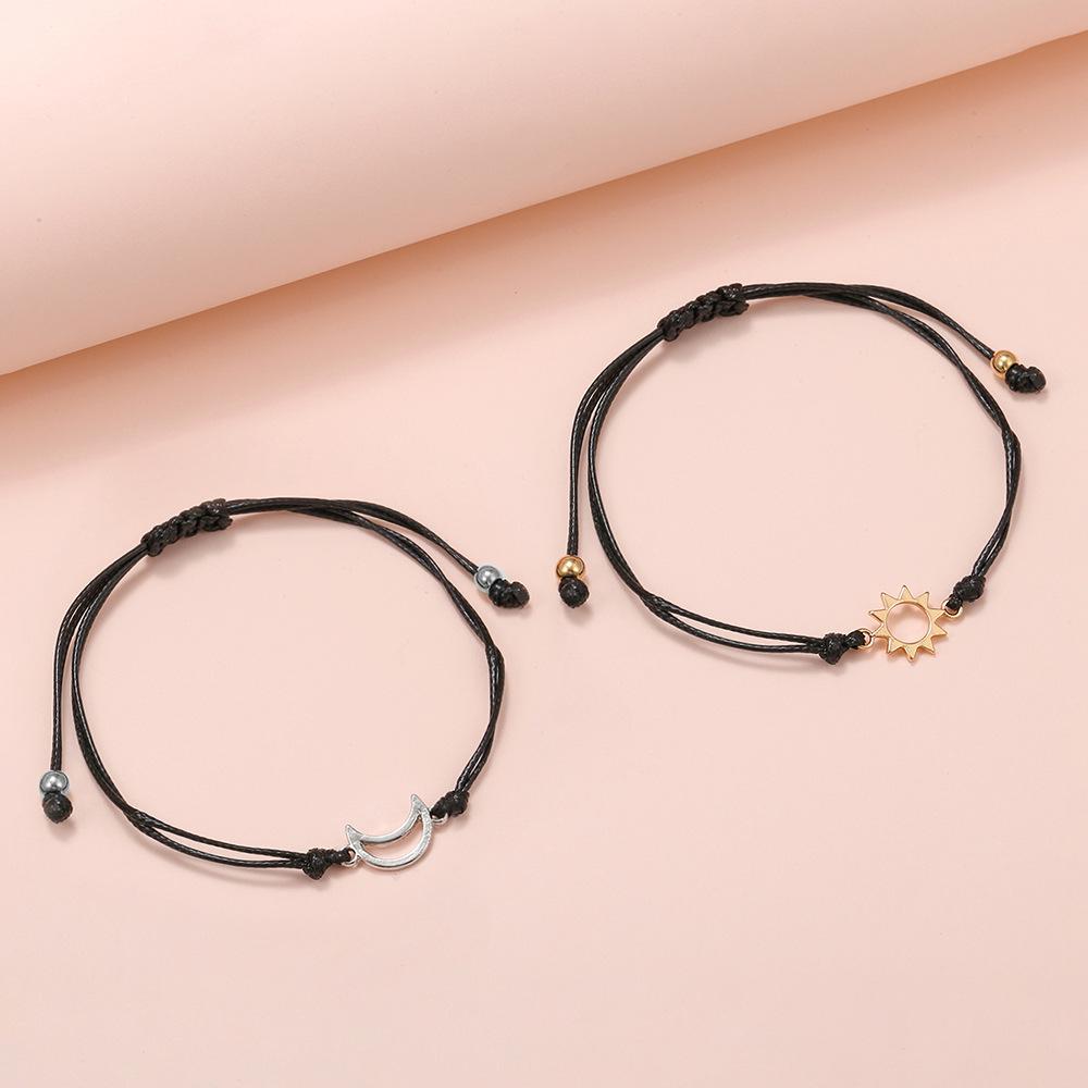 Creative Gold and Silver Mixed Color Sun and Moon Wax Thread Weaving Adjustable Card Couple Bracelet Friend Bracelet