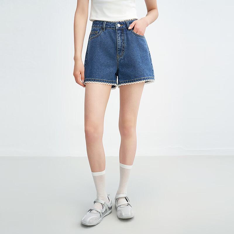 LED'IN Damen Retro A-Linie Jeans-Shorts mit Spitzenbesatz