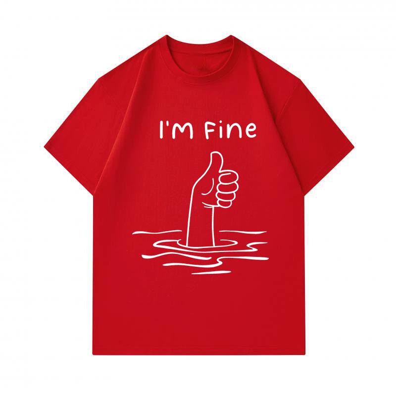 Men's 100% Cotton Crew Neck Short Sleeve T-Shirt, Funny Drowning Hand Thumbs Up I'm Fine Print Casual Soft Breathable Summer Tee for Daily Wear