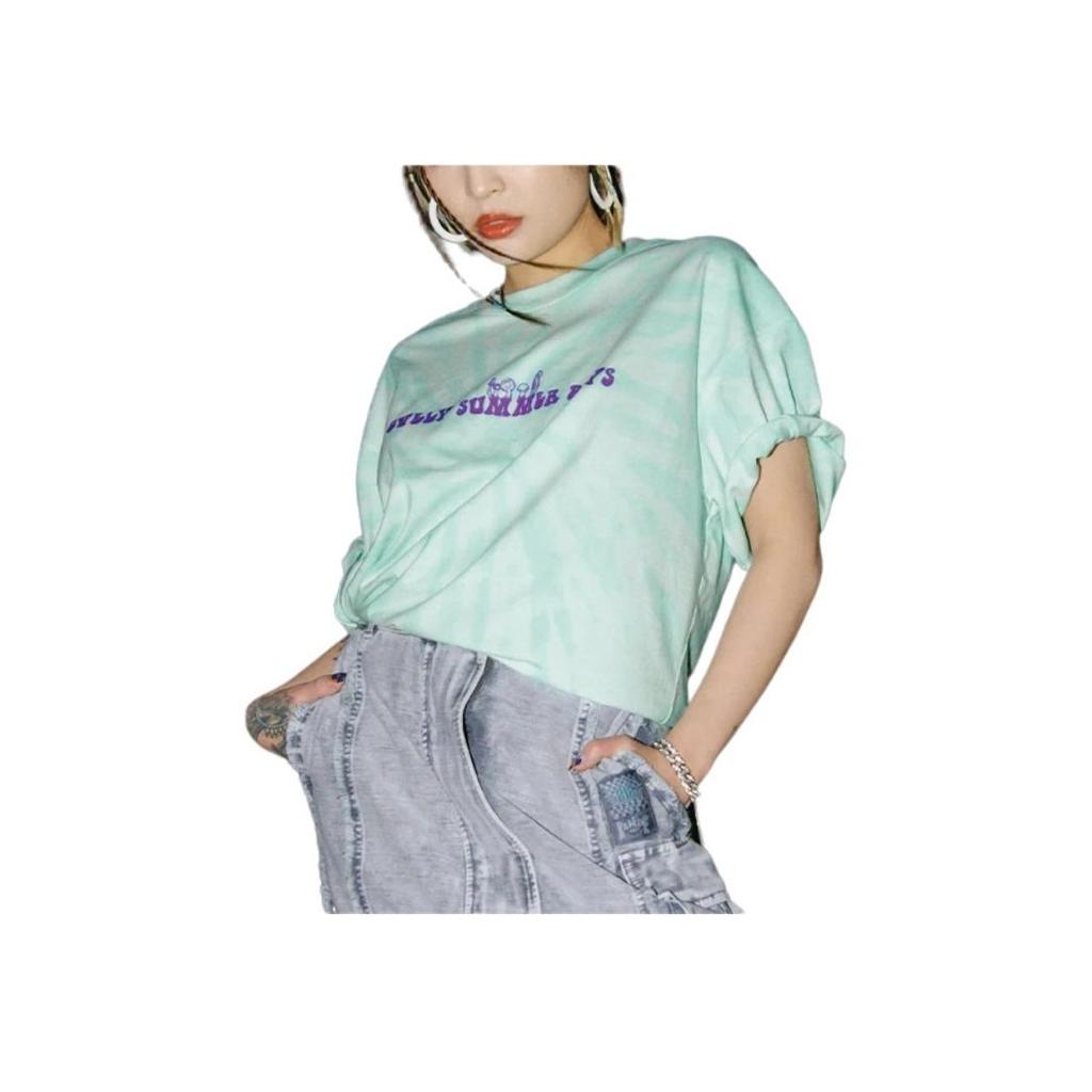 Li Ning Badfive Womens Tie-Dye Print Round Neck Cotton Short Sleeve T-Shirt Women Tops Green AHSS750-4