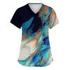 Women's Print V-Neck Short Sleeve Scrub Top with Double Pockets and Side Slits - Comfortable Caregiver Uniform for Daily Work
