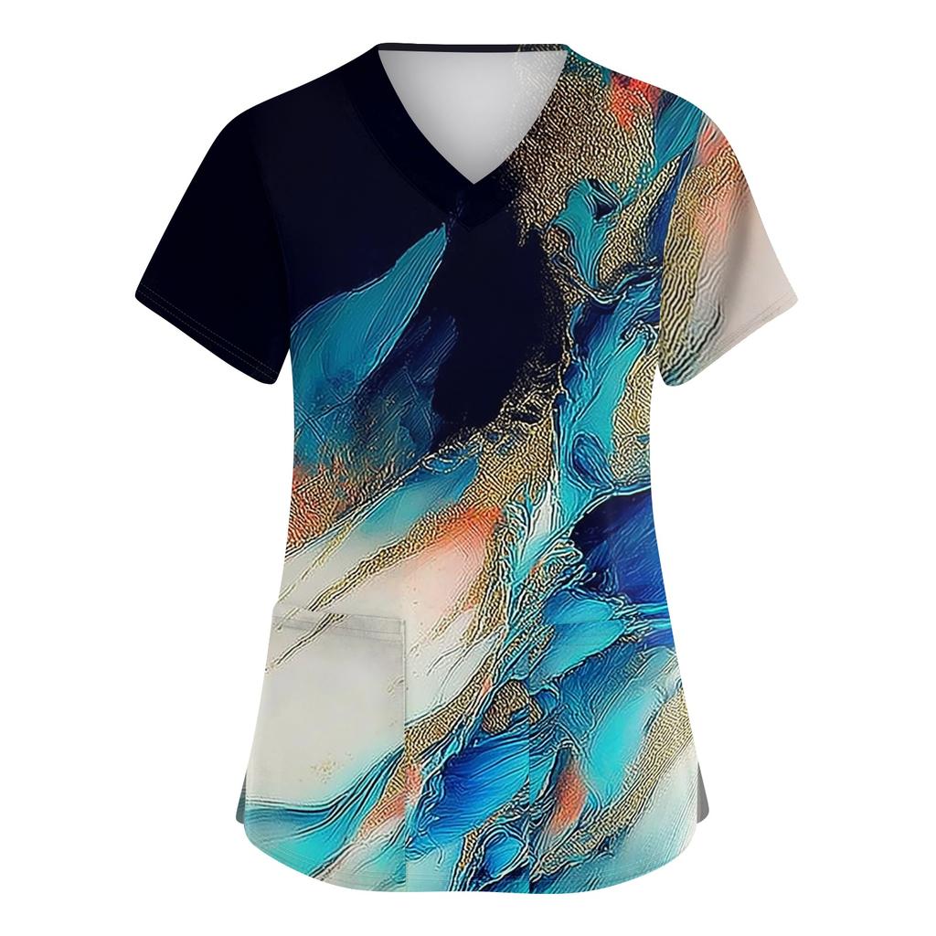 Women's Print V-Neck Short Sleeve Scrub Top with Double Pockets and Side Slits - Comfortable Caregiver Uniform for Daily Work