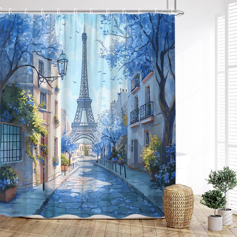 Vintage Paris Tower Shower Curtains Pink Butterfly Balloon Love Heart Floral Valentine'S Day Bathroom Curtain Decor With Hooks