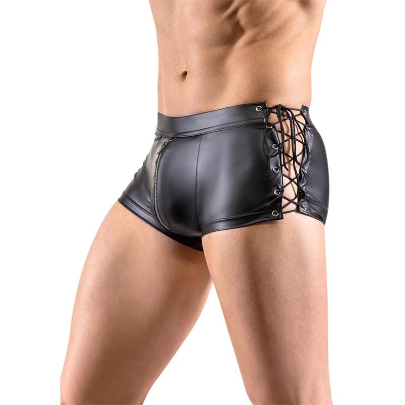 Men Sexy Wet Look Pvc Patent Leather Shiny Boxer Brief Lace Up Side Fetish Shorts Hot Pants Tops Underwear Lingerie Outfit