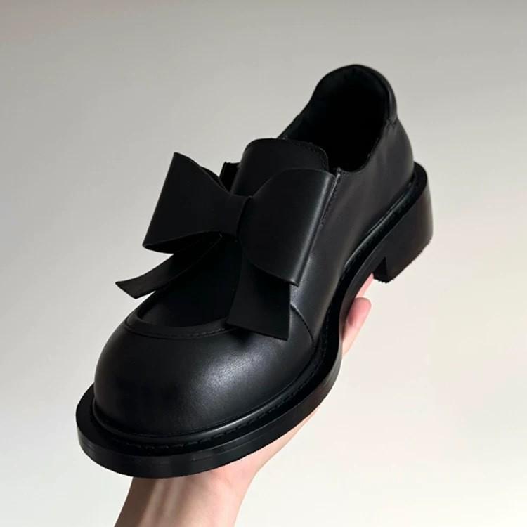 Leder College-Stil Schleife runder Kopf kleine Lederschuhe Damen 2025 Frühling und Herbst neu dicker Absatz Plateau Slipper einzelne Schuhe