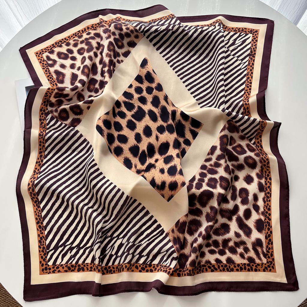 Women Leopard Print Square Scarf Silk Feeling Neckerchief Bandana Lady Shawl Scarves Wrap Head Kerchief Hair Band Ties