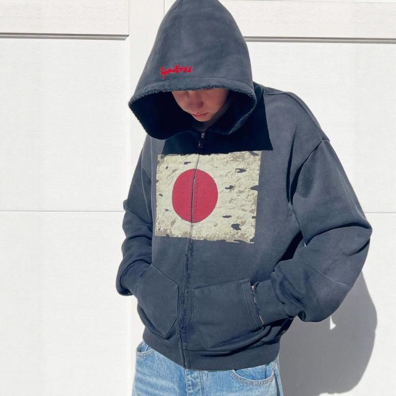 Y2K street punk print loose long sleeved zipper cardigan hooded sweatshirt