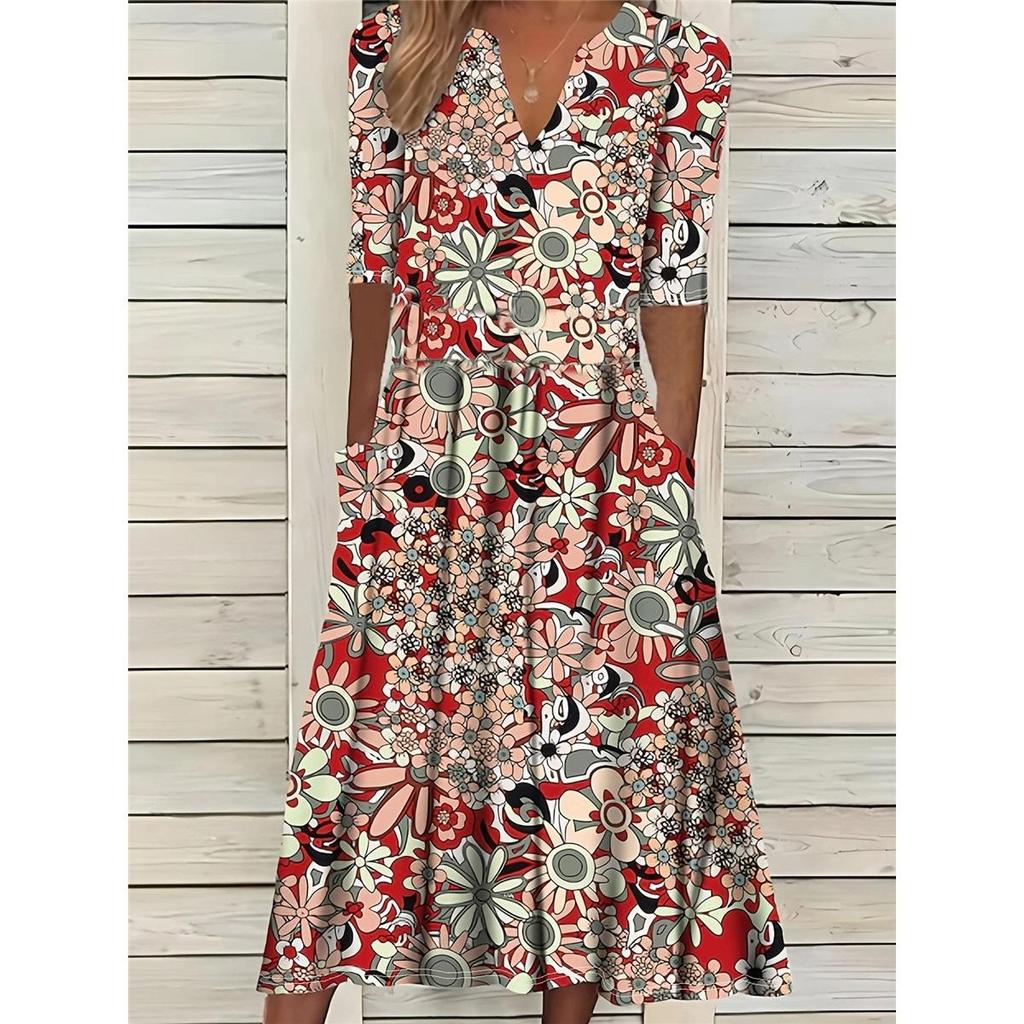 Women's Short Sleeve V-neck Loose Printed Elegant Midi Dress