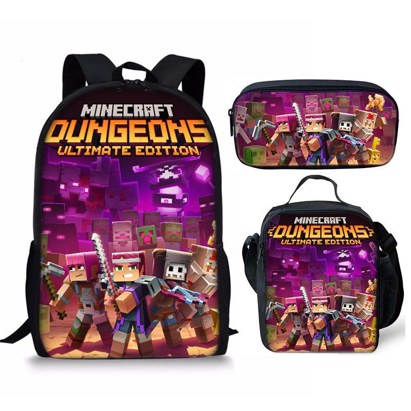 Minecraft Cartoon Print Backpack Set 3-Piece Student School Bag Water-Resistant Large Capacity Unisex