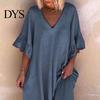 V Neck Midi Dress Summer Women Ruffle Patchwork Cuffs Loose Solid Color A-line Big Swing Half Horn Sleeves Casual Pullover Daily Wear Ruffled