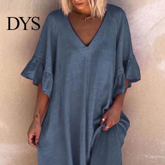 V Neck Midi Dress Summer Women Ruffle Patchwork Cuffs Loose Solid Color A-line Big Swing Half Horn Sleeves Casual Pullover Daily Wear Ruffled
