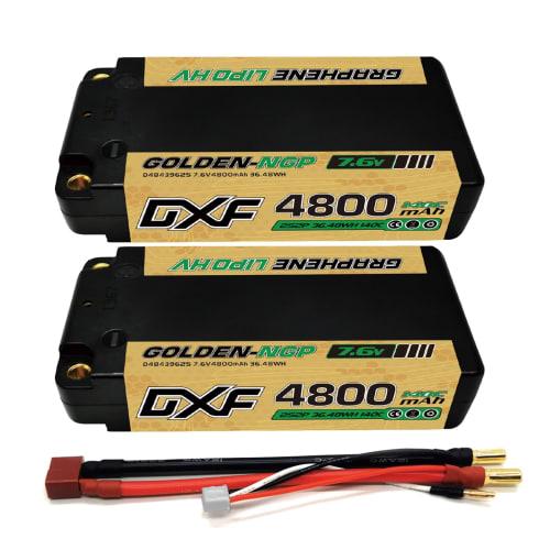DXF LiPo Battery, 2S Short LiPo 7.6V 140C 4800mAh, Gold HV Hard Case, NGP, with 5mm Ball. Features a T-plug, Perfect for RC Cars, Trucks, Airplanes, a