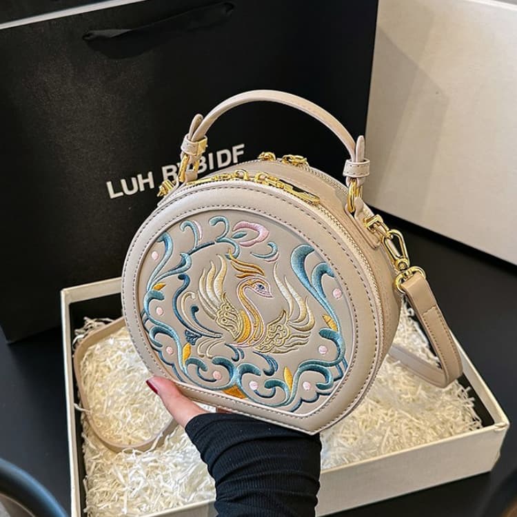 Vintage Embroidery Round Shoulder Bag, Zipper Handbag, Classic Trend Niche Satchel Bag
