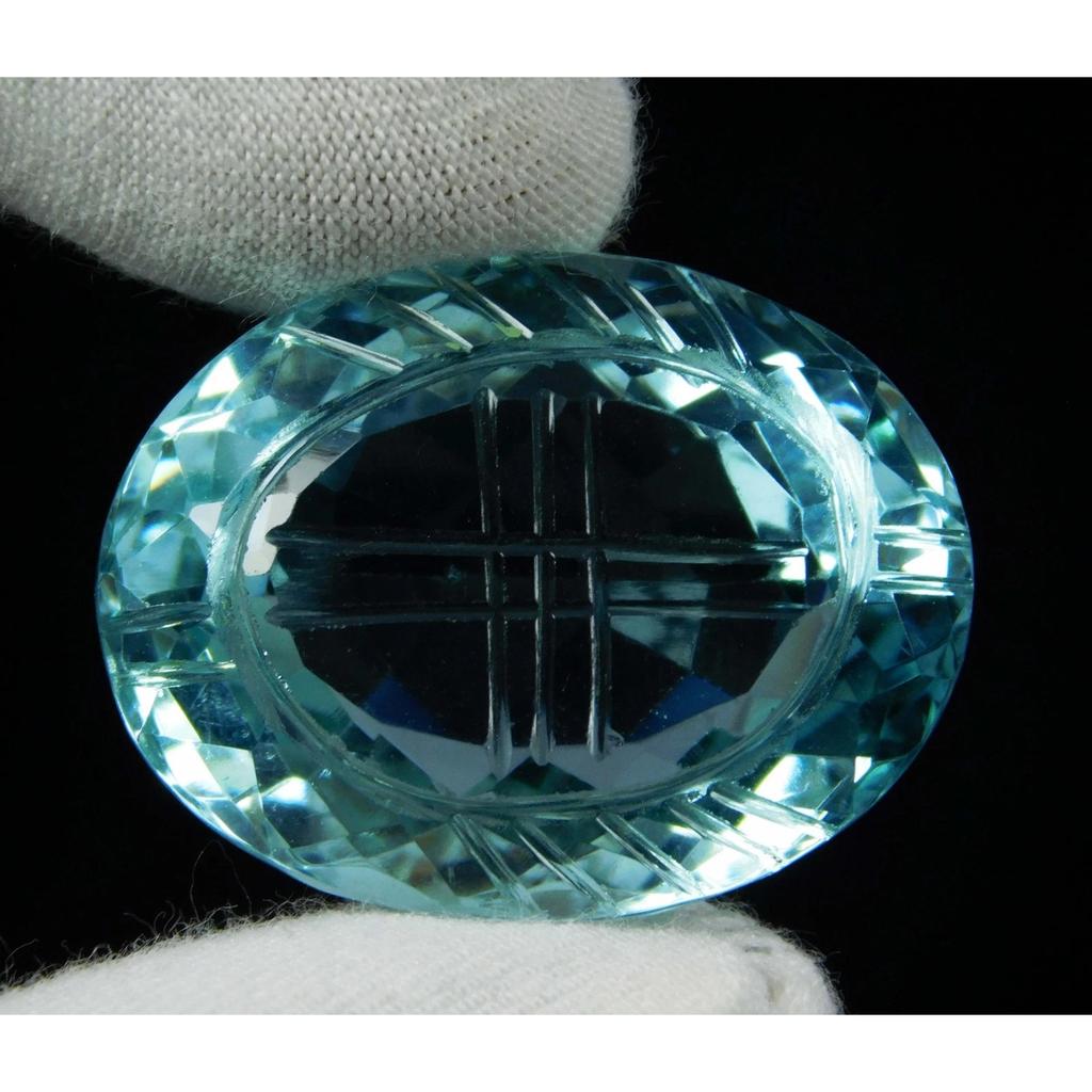Carved Certified 42.40 Ct Natural Sea Blue Aquamarine Oval Cut Gemstone