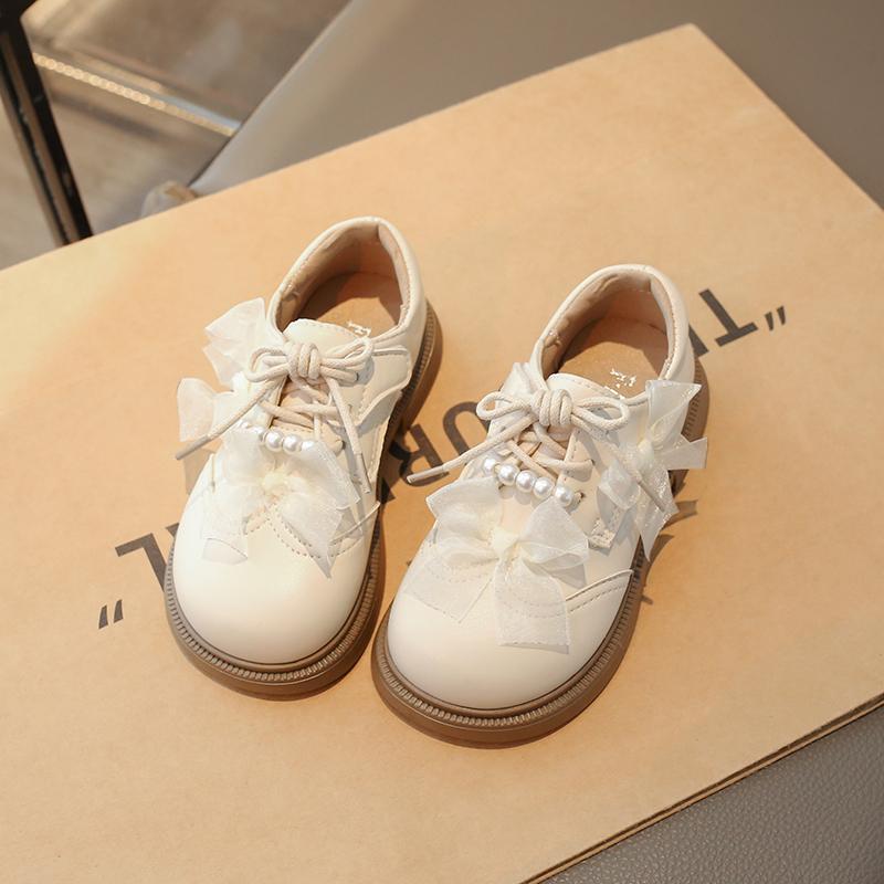 

Girls Leather Shoes Round Toes Soft Sole Kids Princess Shoes Mesh Lace Bow 2025 New Girls Flats Black Matte Dance Performance 26 бежевый