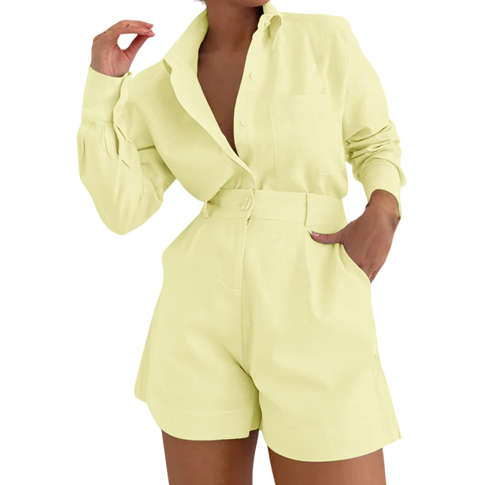 

Women s Loose And Fashionable Casual Long Sleeved Shorts Two-piece Set XL жовтий