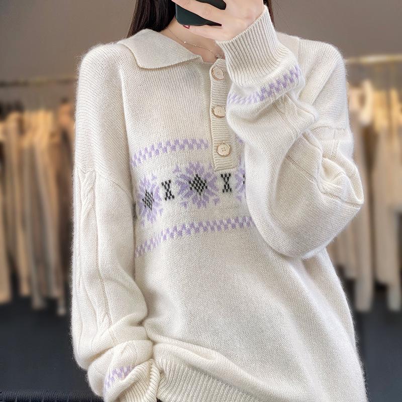 Women's Retro Jacquard Cashmere Sweater - French Lapel, Polo Collar Knit Outerwear for Autumn/Winter
