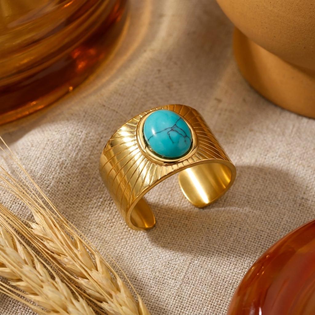 New Design Natural Stone Stainless Steel Rings for Women Men Vintage Geometric Sun Stackable Finger Ring Waterproof Jewelry