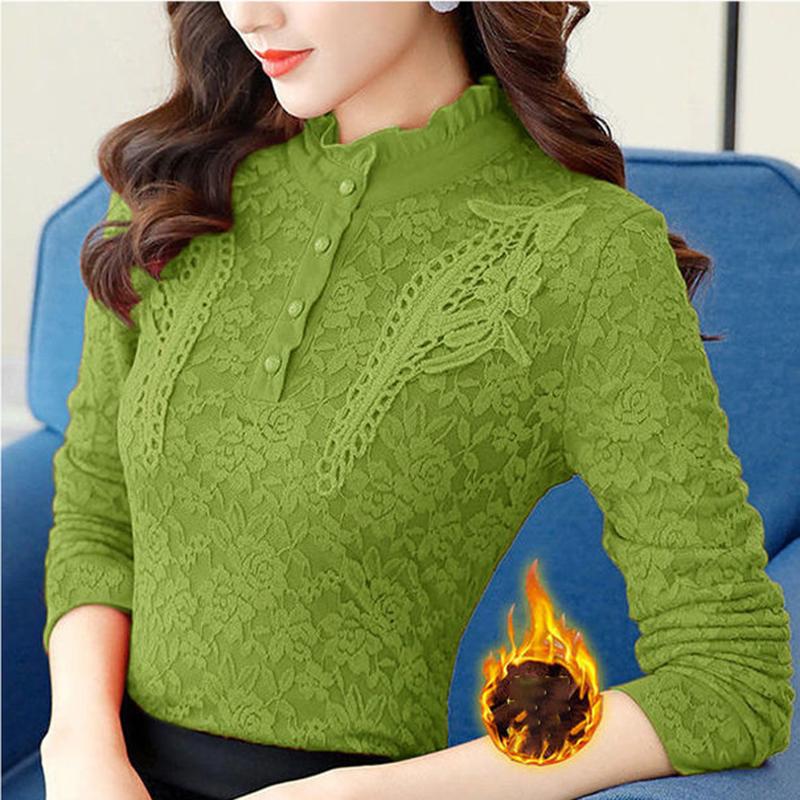 Camisa de encaje de otoño e invierno Camisa superior ajustada Camisa de mujer de talla grande con relleno de terciopelo y calidez