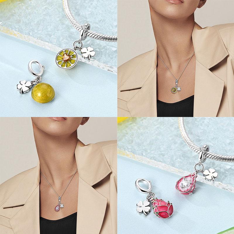 Miedziane Koniczynki Charms Koralik Kiwi Truskawka Wiśnia Miód Brzoskwinia Cytryna Zawieszki Pasują do Oryginalnej Bransoletki Biżuteria DIY