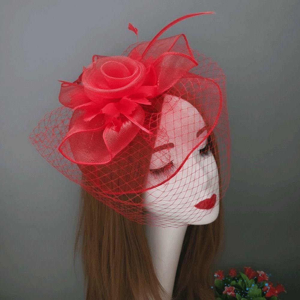 Vintage Style Fascinator Hat Exquisite Elegant Feather Mesh Veil Hat Sweet Bow Fancy Flower Hair Band Race Millinery