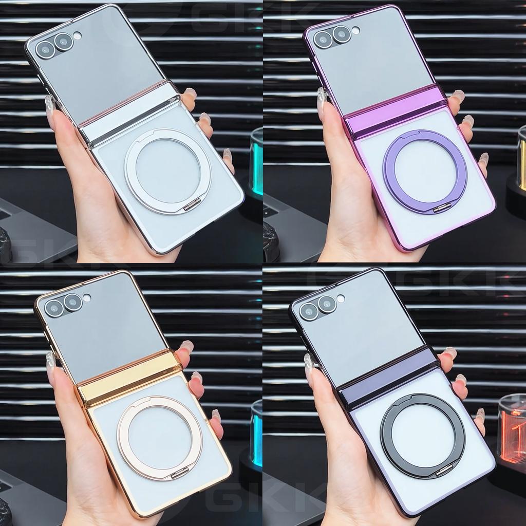 Magnetic Hinge Ring Holder Case for Samsung Galaxy Z Flip 7 Luxury Plating Edge Screen Glass Hard Cover for Galaxy Z Flip7 Case