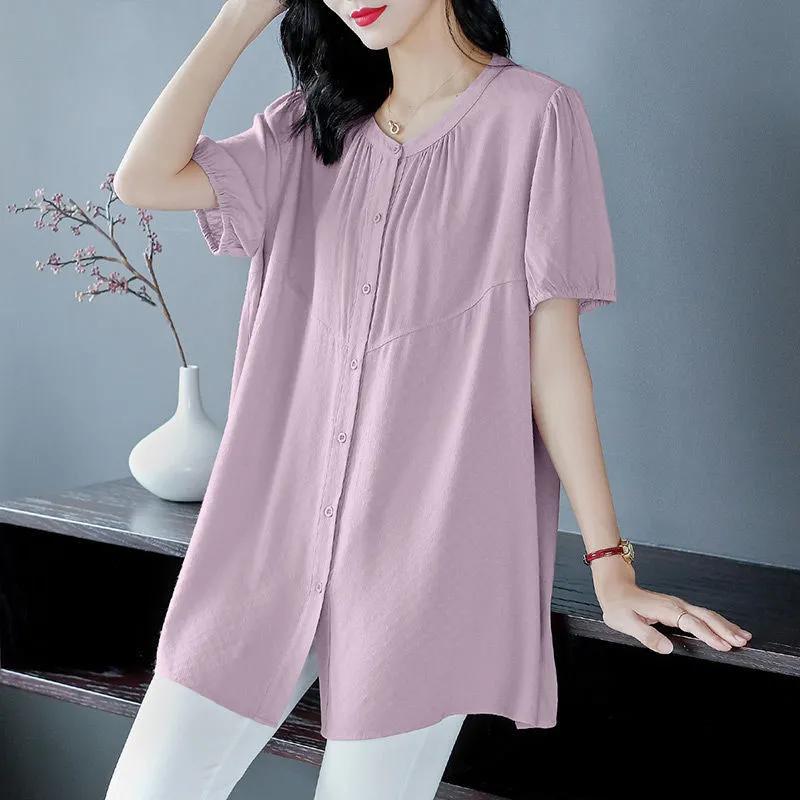 Womens Round Neck Pleated Loose Short Sleeve Button Down Shirt L